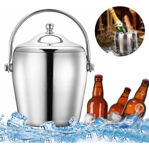 1.2/2L Stainless Steel Ice Bucket Portable 6-hour Double-layer Insulated Freezer with Lid for Parties Barbecues Buffets