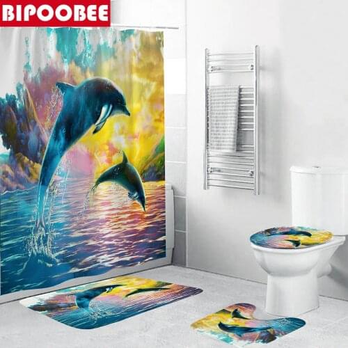 Dusk Beach Shower Curtain 3D Ocean Dolphin Bathroom Curtains Partition Soft Bath Mat Set WC Bathing Carpet Toilet Lid Cover