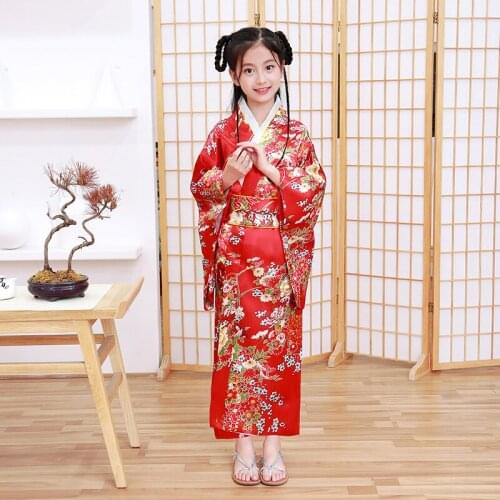 Long Style Loose Japanese Satin Peacock Kids Girl Yukata Dress Sleepwear Oriental Kimono Haori Chinese Qipao Nightgown Robe