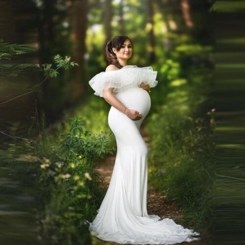 Elegnant White Mermaid Maternity Dresses With Cap Sleeves Ruffles Custom Made Organza Spandex Long Women Plus Size Pregnancy Gow