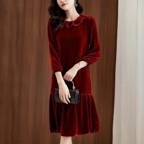 Elegant velvet dresses 2020 fall winter wrist sleeve dress women solid ruffles party dress plus size vestidos m-6xl 7xl