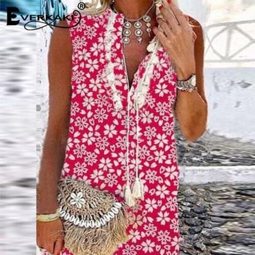 Everkaki Boho Print Mini Dress Women Tassels Sleeveless Vestidos Ladies Summer Beach Sexy Plus Size Short Sundress Female 2021