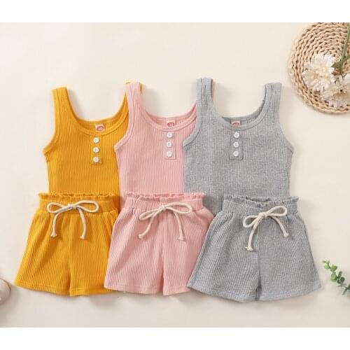 FOCUSNORM 2021 Summer Kids Baby Boy Girl Clothes Sets Solid Sleeveless Ribbed Vest Tops Short Bottom 2PCS