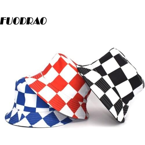 FUODRAO New Brand Black White Plaid Bucket Hat Women Reversible Panama Sun Hat Men Outdoor Fisherman Hats Basin Cap M130