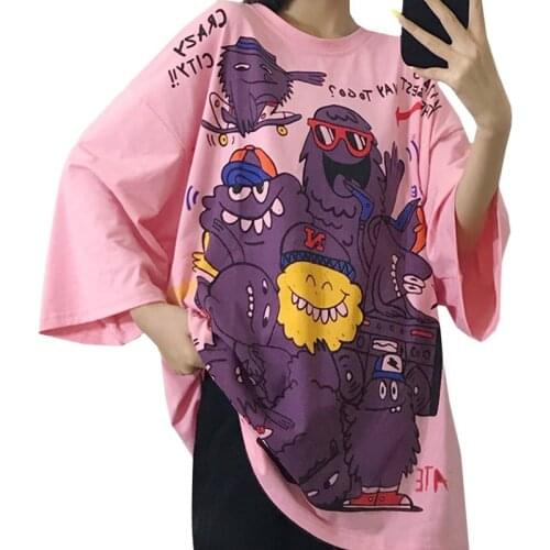 ZuoLunOuBa 2021 Summer Casual Women T Shirt Anime Print Cute Little Monster Tees Short Sleeve Loose Pink Hip Hop Tops Female