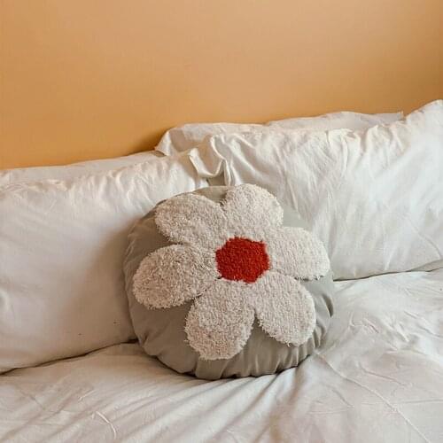 Round Pillow Case Cotton Tufting Flower Pillowcase Cushion Cover Floral Nursery Decorative Kids Room Dorm Home Decor