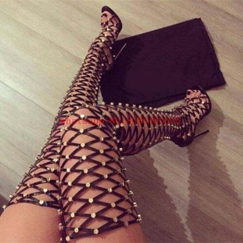 Summer Leather Knee High Gladiator Sandals Women Overknee Boots Open Toe Gold Metal Ladies Sexy High Heel Sandals Party Shoes