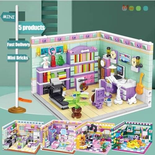 Mini Street View Hutsmall Kitchen Study Living Room Corner Mini Building Blocks House Bathroom 3D Model Bricks Toys For Kid Gift