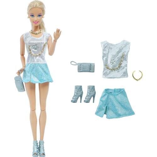 BJDBUS Fashion Doll Dress Vest Blue Mini Skirt Necklace Handbag Shoes Accessories Clothes for Barbie Doll Baby DIY Dress Up Toys