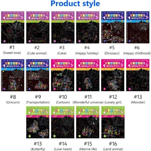 16styles 3-In-1 Magic Rainbow Color Scratch Art Paper Card Set With Drawing Board Stick DIY Art Painting Educational Toys Gift