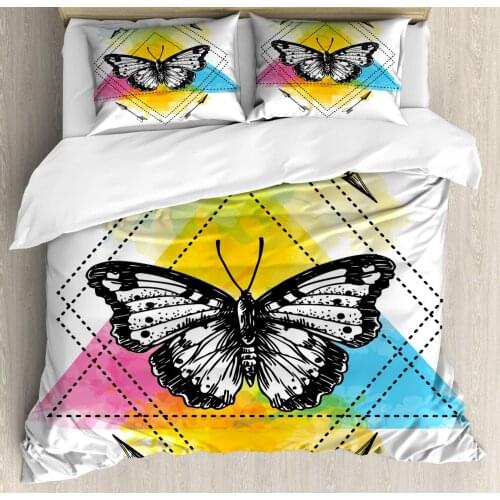 Entomology Duvet Cover Set Artwork of Geometric Shapes and a Butterfly 3 Piece Bedding Set Deep Sky Blue Earth Yellow Pink