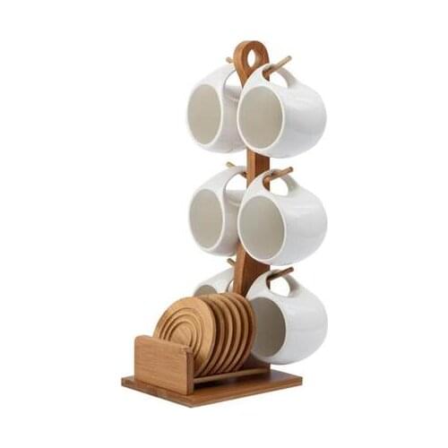 Six-piece Simple Ceramic Cup Set 200ml Tea Cup Coffee Cup Three-dimensional Bamboo and Wooden Bracket Striped Non-slip Coaster