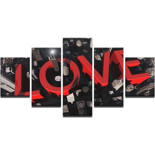 Wall Art Canvas Living Room Home Decor Print Poster 5 Piece Love City building Painting romantic Red Letters Love Symbol Picture