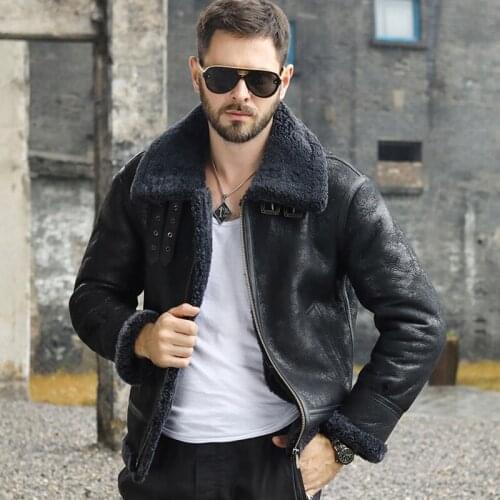 New Shearling Coat Mens B3 Bomber Jacket Black Leather Jacket Short Fur Jacket Mens Winter Wool Coat