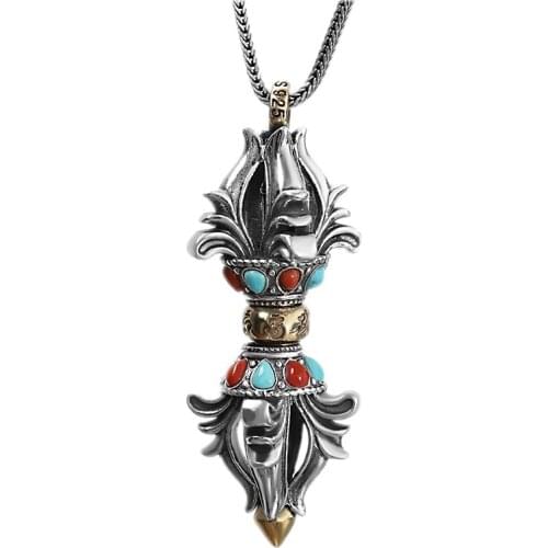 BOCAI 2021 Trend New Real s925 Silver Jewelry Carved Vajra Pendant for Man Fashion Retro Mens Rotatable Pendant