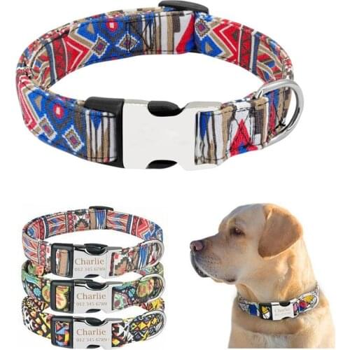 Natural Cotton Dog Collar Personalized Pet Collar Engraved ID Tag Nameplate Reflective for Small Medium Large Dogs Pitbull Pug