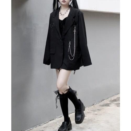 New Spring Women Harajuku Punk Style Black Loose Chain Splicing Coat Casual Fashion Gothic Long Sleeve Outwear Streetwear