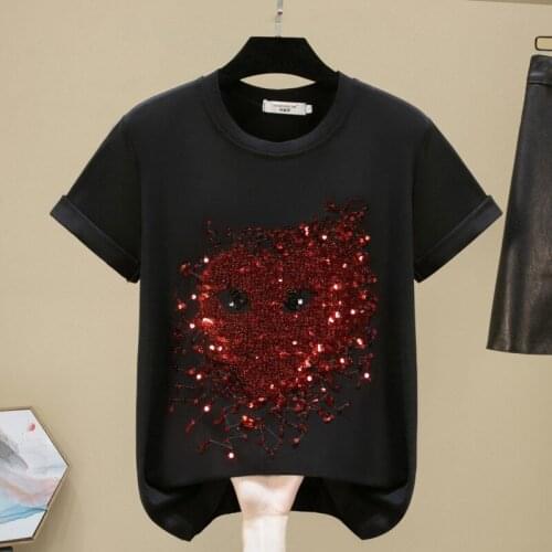 Casual Women Sequin T Shirt 2021 Women Personality T Shirt Female Round Neck Short Sleeve T Shirt Z648