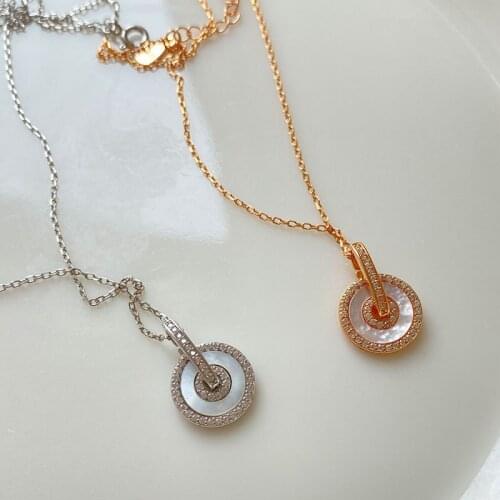 Real 925 Sterling Silver White Shell Round Pendant Necklaces For Women Gift Fine Jewelry,Elegant Cubic Zirconia Necklace Jewelry