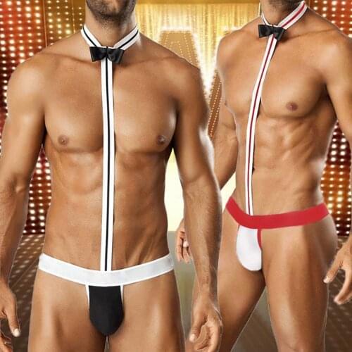 50% Hot Sale Sexy Erotic Bow Tie Thong Men Elastic Underwear Waiter Costume Bodysuit Jumpsuit