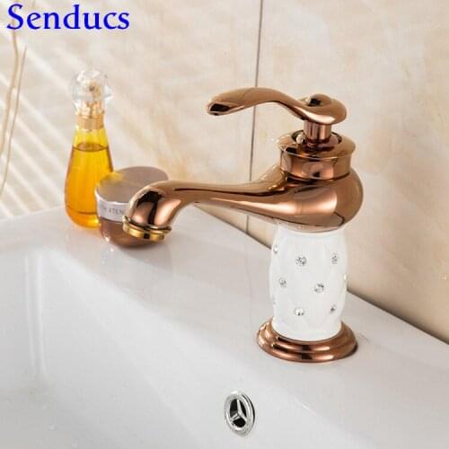Senducs Rose Gold Bathroom Basin Faucet with Quality Brass Bathroom Basin Mixer Tap Quality Brass Diamond Bath Basin Faucet