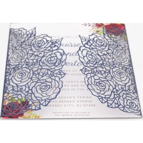 Flower pattern laser cut wedding invitations folded navy blue