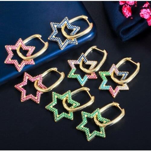 ThreeGraces 2021 New Multicolor CZ Crystal Gold Color Dangle Big Star Hoop Earrings for Ladies Daily Party Jewelry Gift ER548