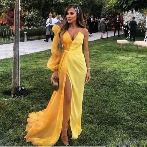 Yellow Long Evening Gown Sleeves 2019 Vestido De Festa Slit One Shoulder Sexy Prom Gowns Folds Custom Made Abiye Formal Dresses