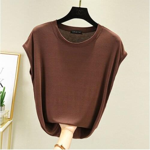 Modal summer thin short sleeve womens round neck solid color sleeveless foreign style base T-shirt loose top P3 368