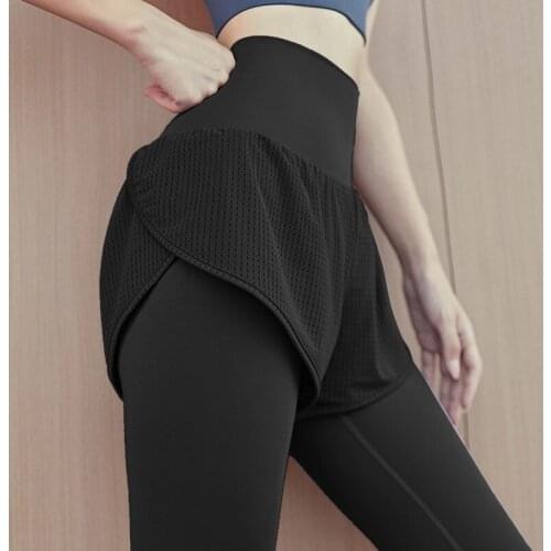 Women High Waisted Pants Fake Two Pieces Seamless Leggings High Elastic for Fitness Running Exercise Tight Leggings