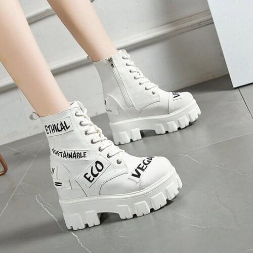 Spring Women Thick Sole Ankle Boots Luxury Platform Canvas Boots 2021 Womens 9cm High Heels Wedge Boots Shoes Woman Sneakers