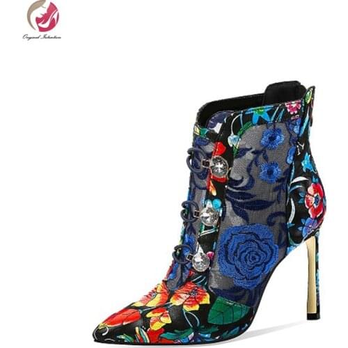 Original Intention Blue Red Ankle Boots Fashion Pointed Toe Flowers Metal Stiletto High Heels Elegant Spring Shoes Female Charm