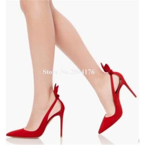 Women Elegant Suede Leather Pointed Toe Stiletto Heel Pumps Cut-out Back Bowtie Red Black High Heels Formal Dress Shoes Heels