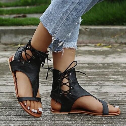 Flat sandals women 2021 new Roman style open toe solid color lace flat European and American large size casual shoes women