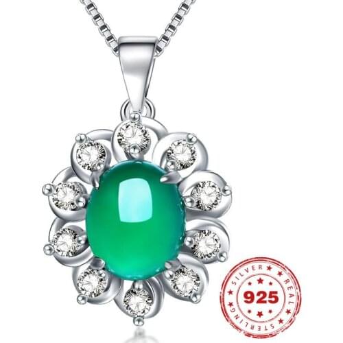 S925 Sterling Silver Color Jade Pendant For Women 2.5Ct Diamond Zircon Chalcedony Pendants agate Emerald Gemstone Necklace