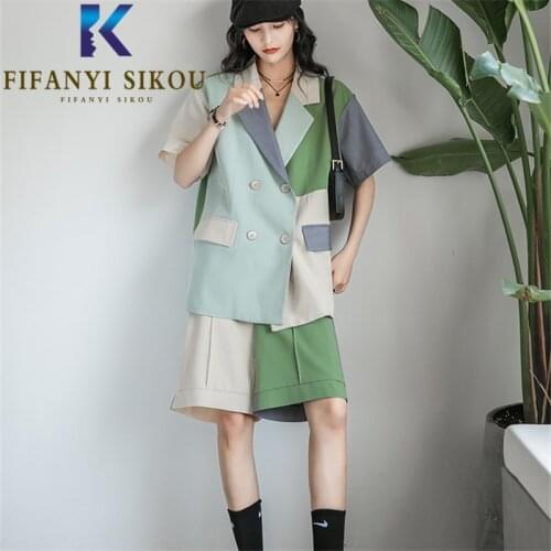 Fashion Patchwork Two Piece Set Women 2021 Summer Short Sleeve Suit Jacket And Shorts High Quality Casual 2 Piece Set Female