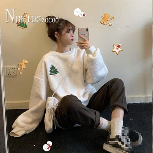 Christmas Tree And Snowman Pattern Women Sweatshirts Fluff Female Sweatshirt