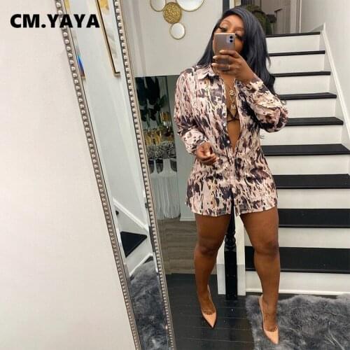 CM.YAYA Women Mini Dress Print Full Sleeve Turn-down Collar Single Breasted Straight Dresses Sexy Fashion Streetwear Summer 2021