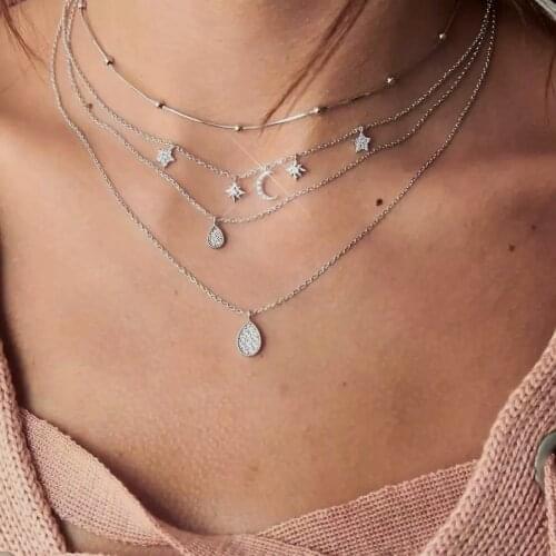 Collier Femme Chains Boho Necklaces for Women Moon Water Drop Pendant Necklace Jewelry Retro Crystal Choker Accessories
