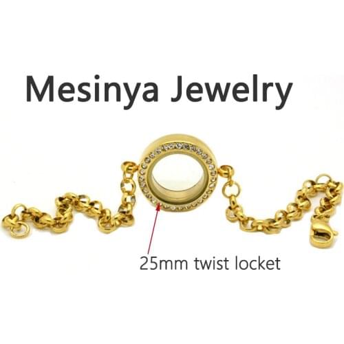 10pcs 18-19cm length 25mm Gold Crystal 316L stainless steel living Screw glass floating locket bracelets