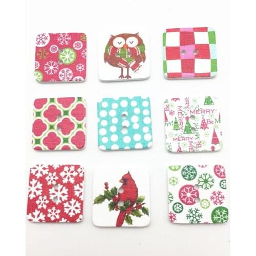 1000pcs 25mm Wooden Buttons Christmas Patterns Square Mixed Sewing Accessories 2-hole for Scrapbooking