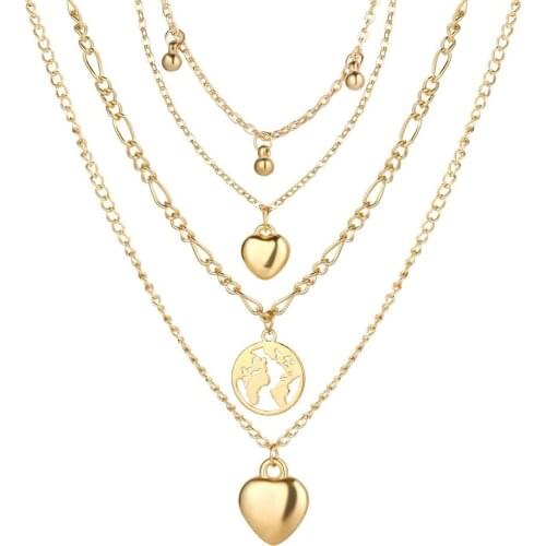 51283 new multilayer clavicle chain creative personality water drop love map pendant four layer Necklace