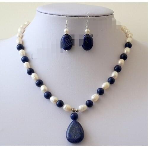 Free shipping 387 Natural white Pearls & Dark Blue Lapis Lazuli Necklace & Earrings Jewelry Set