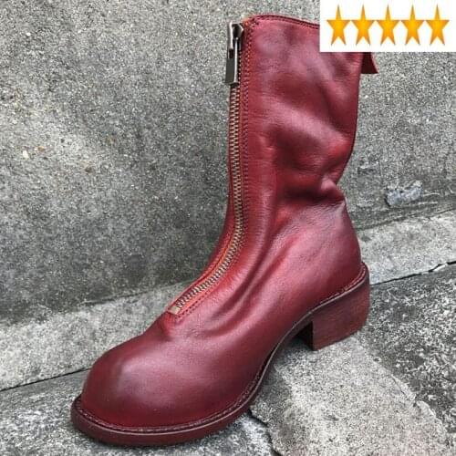Pleated Womens Genuine Leather Vintage Mid Booties Round Toe Front Zipper Slim Fashion Casual Female Cowhide Boots Streetwear