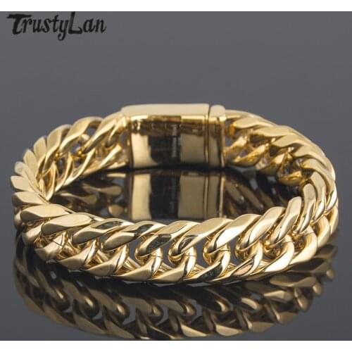 TrustyLan Thick Rolled Gold Color Golden Chain Bracelet Men 16MM Wide 8.6" Inch Steel Wristband Fashion Charm Mens Bracelets