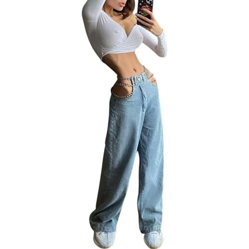 Womens Jeans, Sexy Chain High Waist Straight-Leg Pants for Party Shopping Holiday Vacation Travelling
