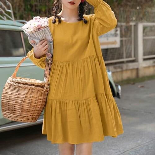 VONDA Elegant Long Sleeve Dresses Loose Pleated Dress Beach Bohemian Sundress Women Autumn Dresses 2021 Cotton Linen Mini Dress
