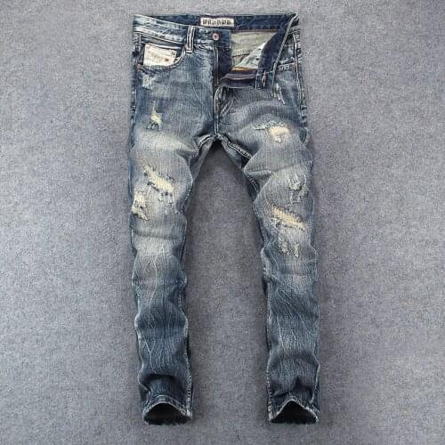 European Vintage Fashion Men Jeans Slim Fit Retro Wash Distressed Destroyed Ripped Jeans Men Embroidery Designer Denim Pants