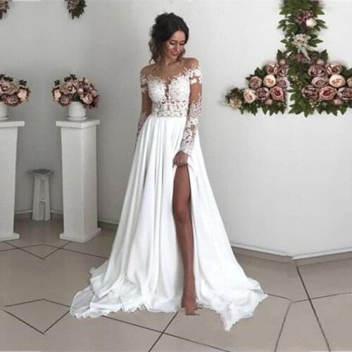Exquisite Lace Chiffon A-Line Wedding Dresses 2020 Sheer Neck Long Sleeves Side Split Sweep Train Cover Buttons Country Bridal