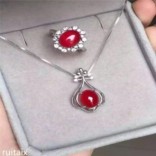 KJJEAXCMY boutique jewels 925 Pure silver inlay natural red jade medulla ring + pendant + suit micro-inlay diamond goddess bow